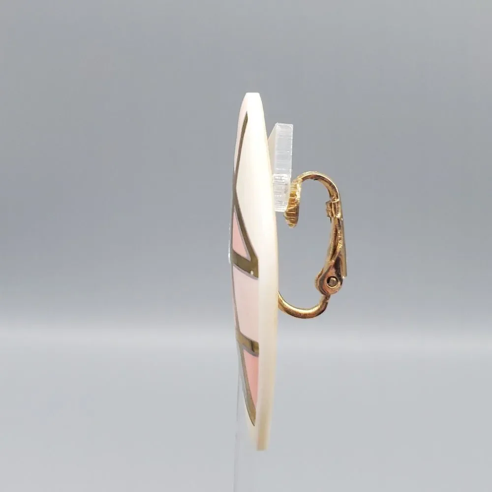 Vintage Ceramic Earrings Clip On Cream Pink Purple Gold Tone Trim Geometric - Picture 4 of 7